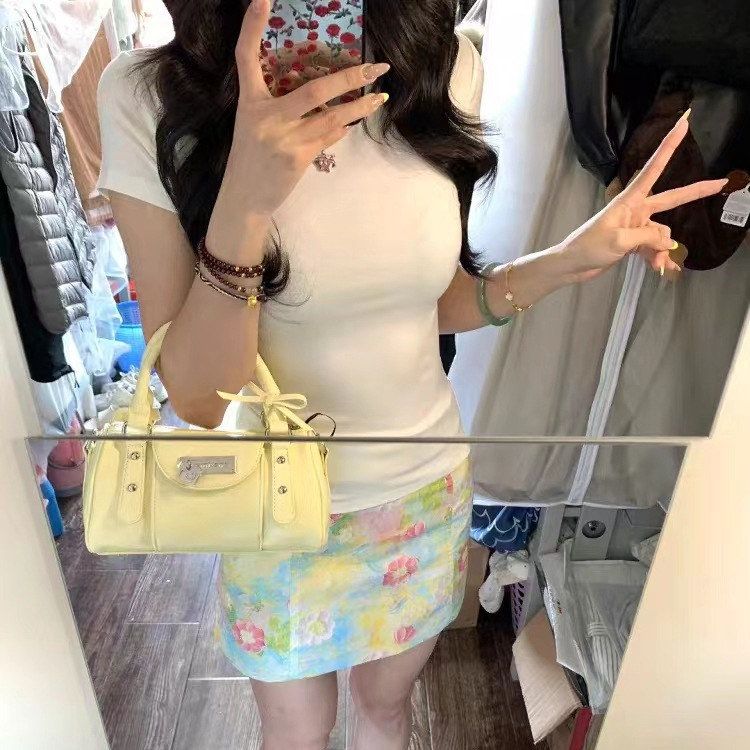 】【半身裙短袖裙上衣正肩裙子+女T恤小碎花显瘦韩系字A高腰白色