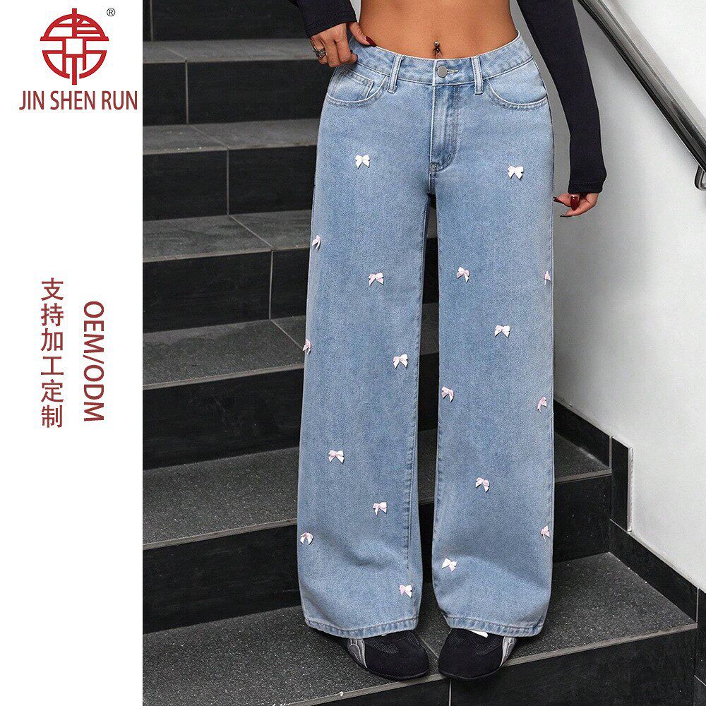 美式高街y2k牛仔裤女春新款高腰洗水蝴蝶结阔腿裤子潮jeans
