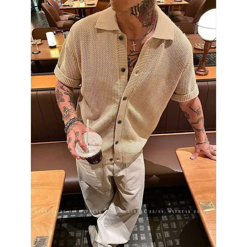 休闲开衫风男T恤宽松老钱高级感短袖针织衫设计上衣翻领镂空复古