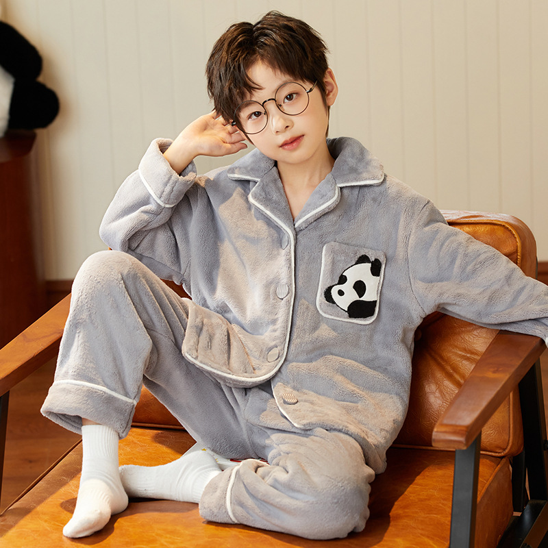日本品质秋冬季法兰绒睡衣男童加绒开衫中大童男孩珊瑚绒毛儿童保