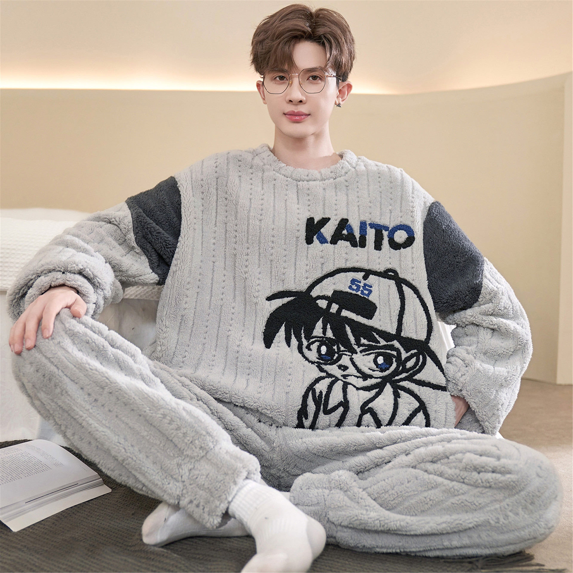 日本品质冬天珊瑚绒睡衣男士加厚圆领青少年16岁大男孩初中生法兰