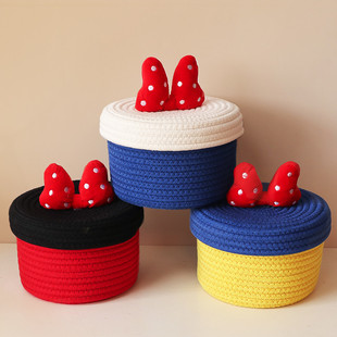 卡通桌面收纳篮棉线棉绳收纳筐家用零食杂物蝴蝶结化妆品储物创意