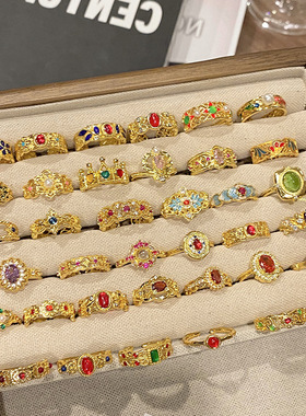 中古风vintage~高级质感复古花纹宽版戒指女式小众设计轻奢可调节
