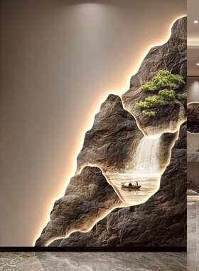 流水生财入户玄关装饰画高级感走廊尽头壁画山水风景挂画背有靠山