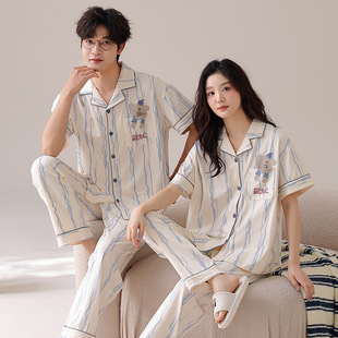翻领家居服全棉套装 全棉纯棉夏季 长裤 纯棉男女士短袖 情侣睡衣开衫