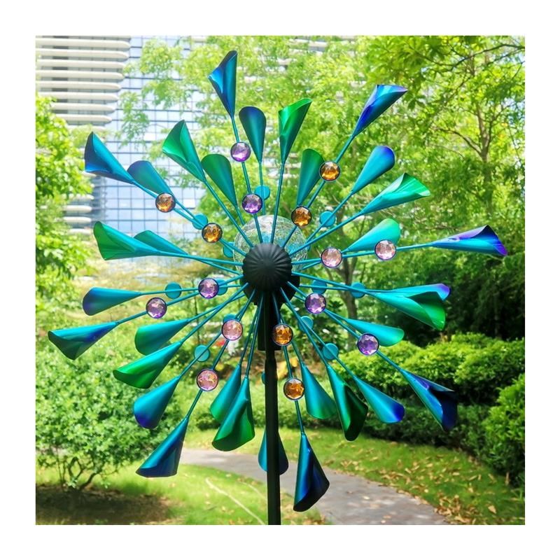 出口户外铁艺花园装饰风转36A0度双面旋转落地摆件蓝叶大风车