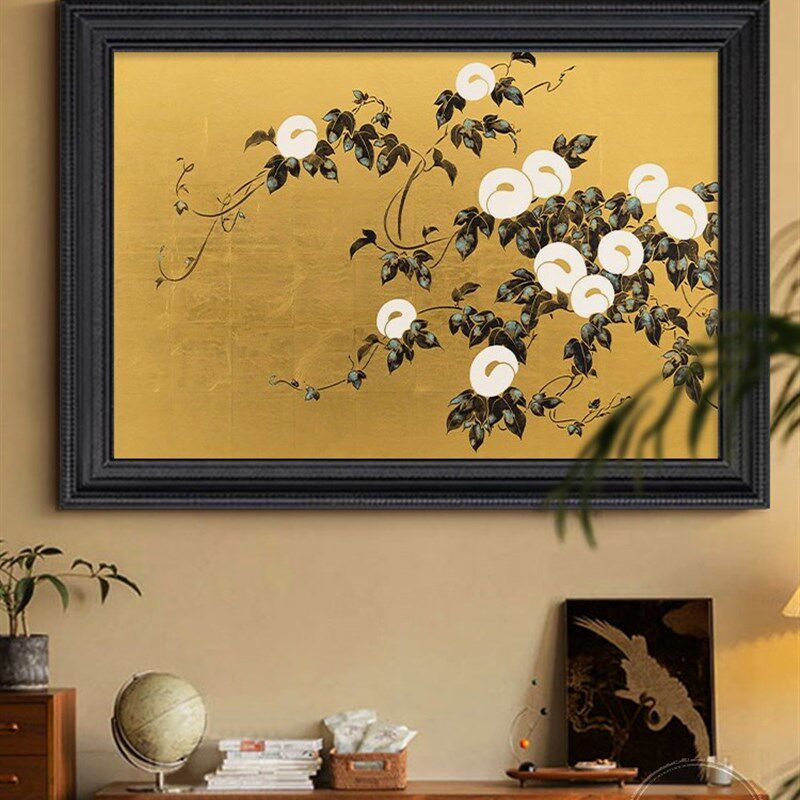 中古风抽象棉花植物花卉客厅餐厅手绘油画L金色装饰画轻奢玄关挂