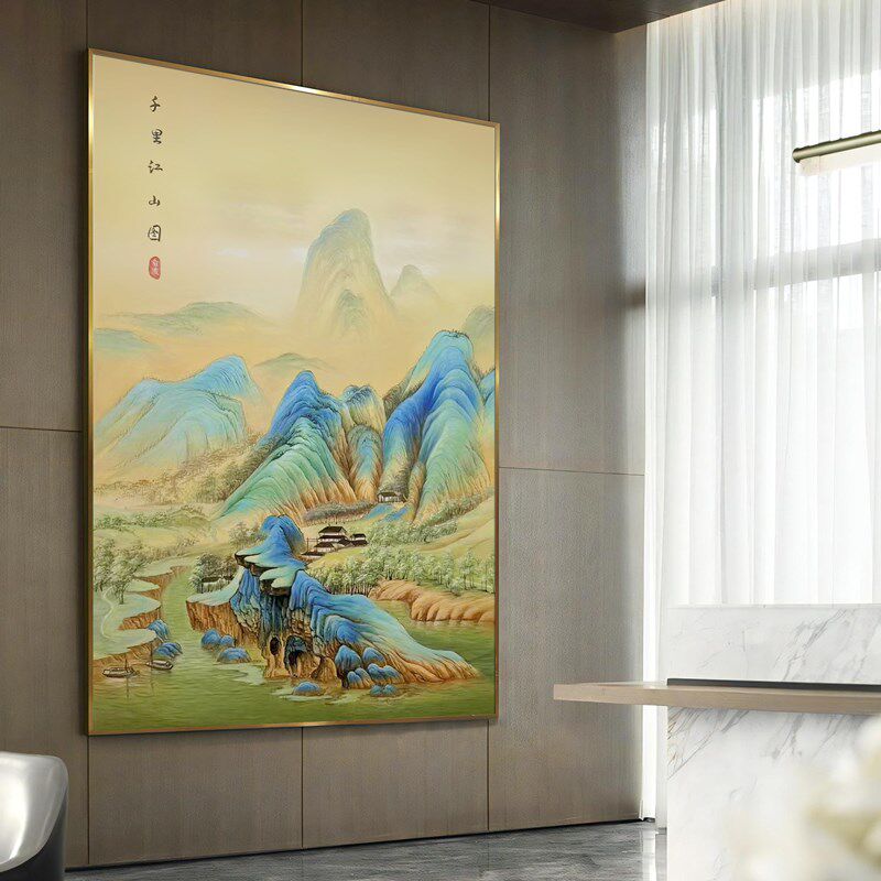 手绘油画千里江山图新中r式玄关装饰画办公室山水挂画轻奢高档壁