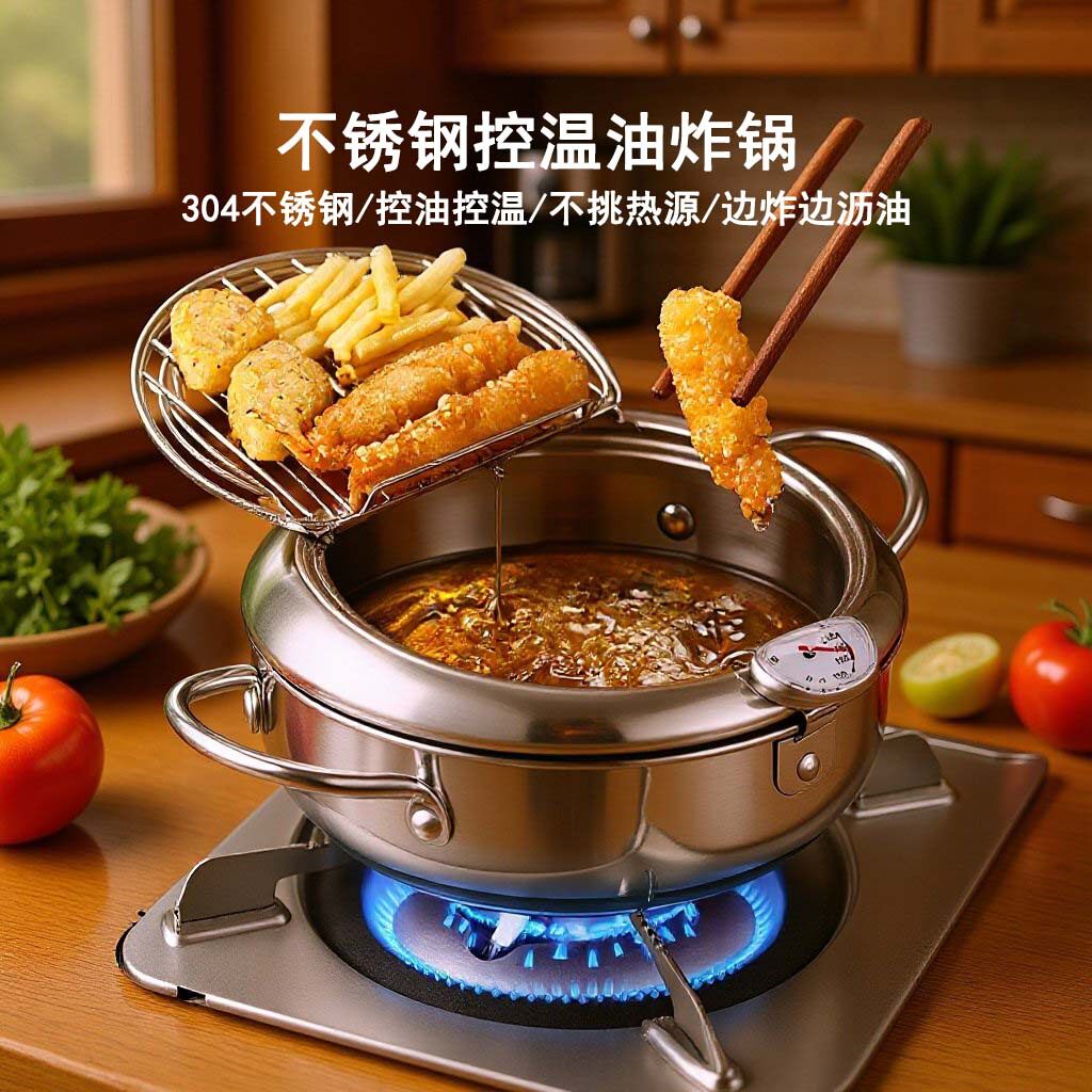 304不锈钢油炸锅家用炸锅带盖温度表控温翻盖可滤油省油多功能