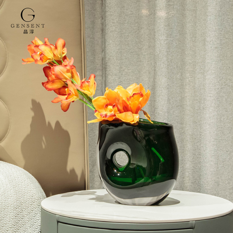 晶淳 青岚 绿色创意水晶厚底琉璃艺术花瓶 摆件轻奢客厅插花装饰