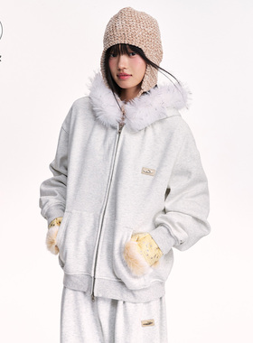 【张函瑞同款】江南先生NewJNXS高克重仿貂毛领开衫加绒卫衣套装