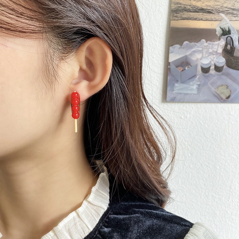 红色串珠耳环女百搭小巧气质耳饰简约风