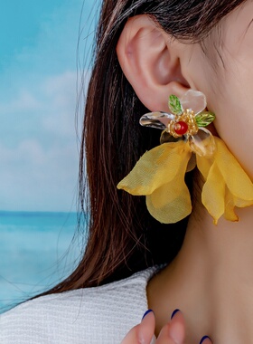 超仙黄色花朵耳环女夸张个性耳钉度假风海边旅游耳坠夏天纯银耳饰