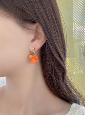 轻奢橙色花朵耳环女气质垂坠式耳钉高级感小众设计耳饰