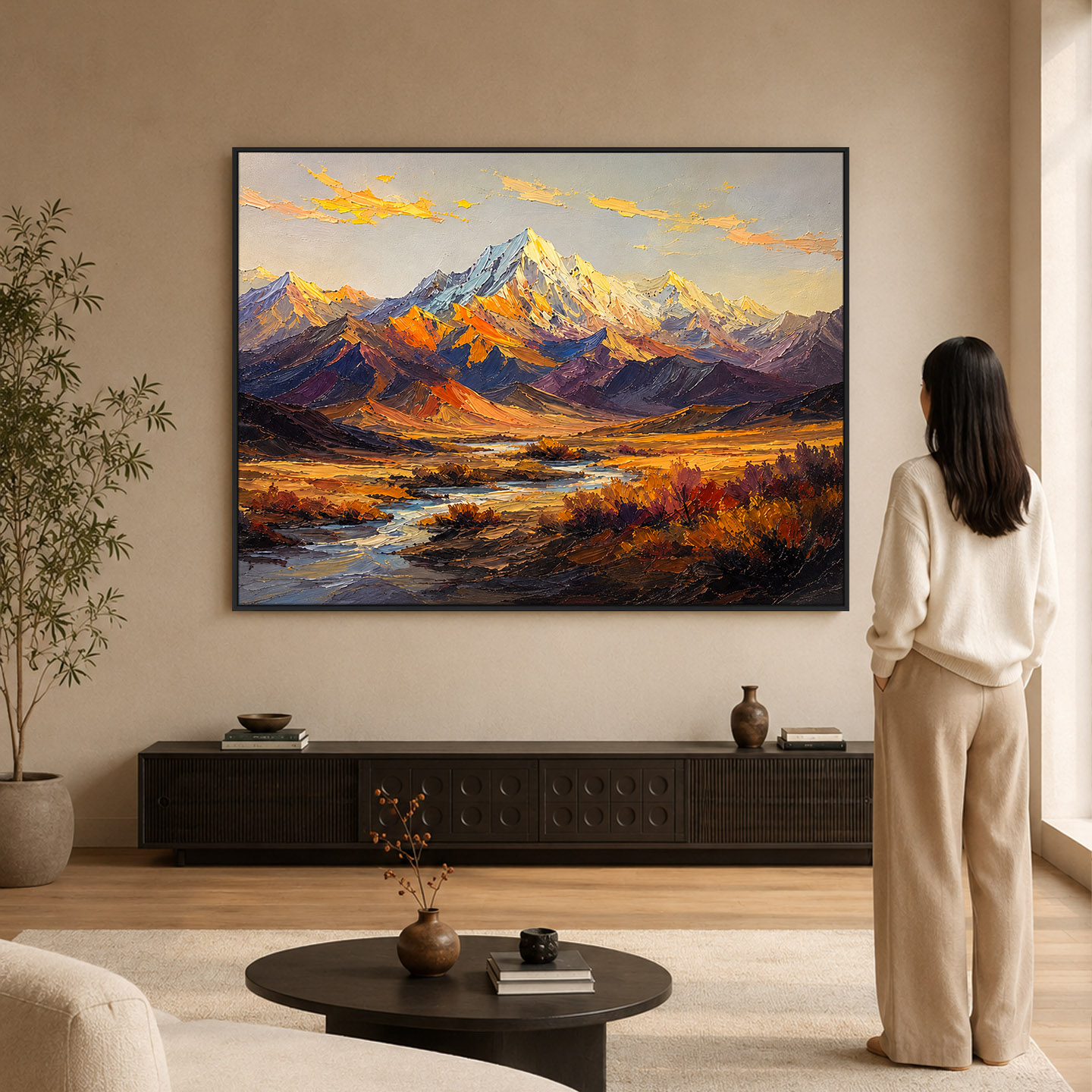 大芬村手绘日照金山山水油画