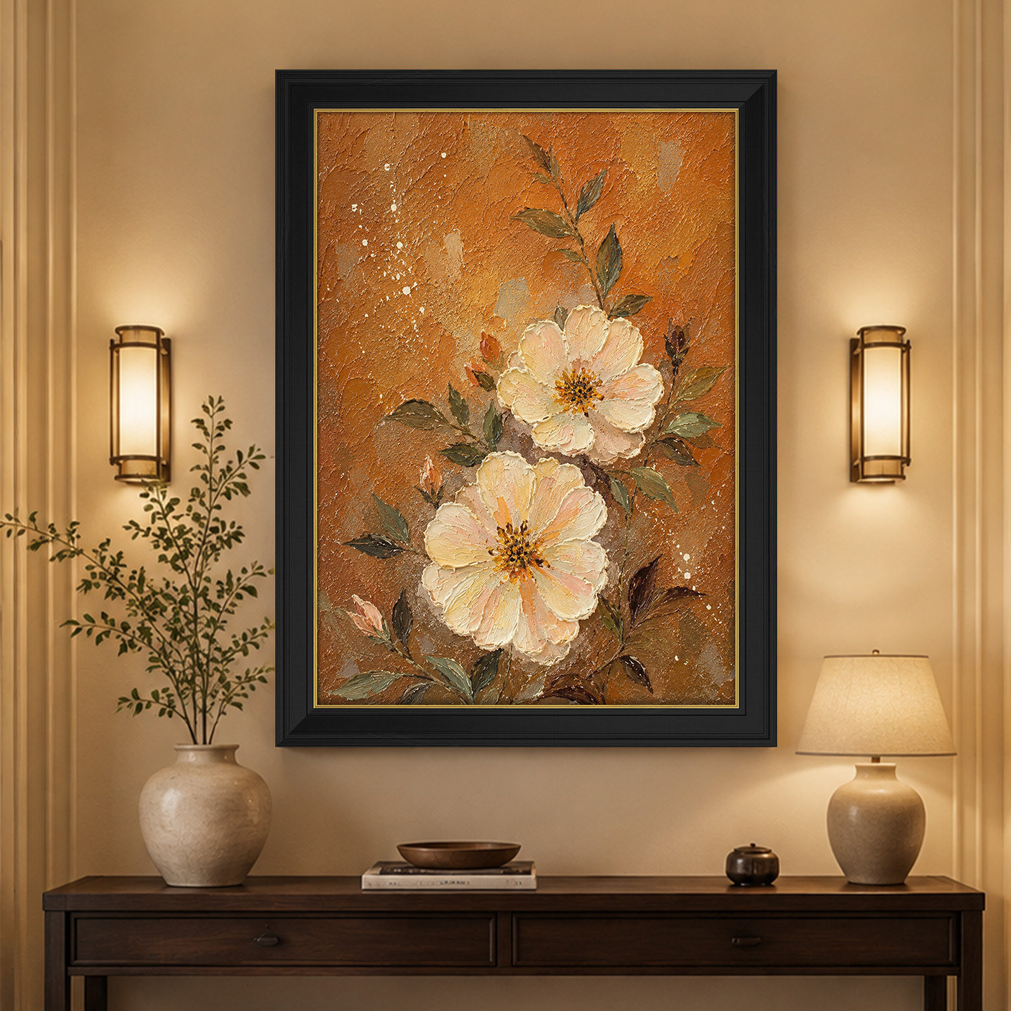 大芬村手绘金箔厚涂花卉装饰油画