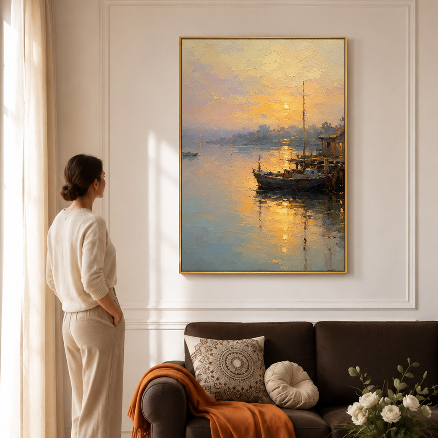 大芬村手绘暮色浅湾肌理油画