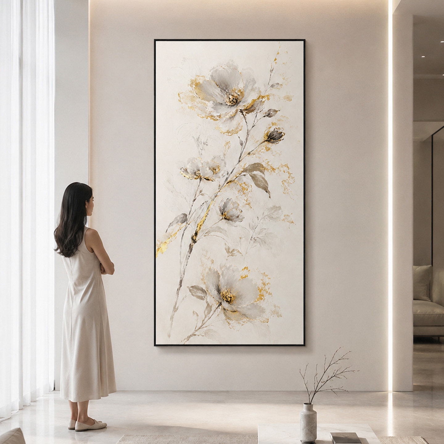 大芬村手绘鎏金白花玄关墙挂画