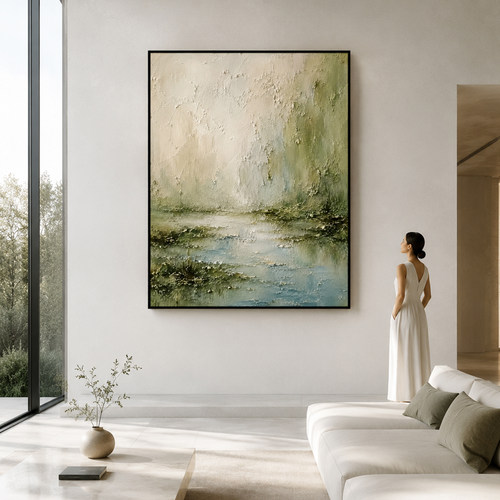 大芬村手绘浅青水泽山水油画