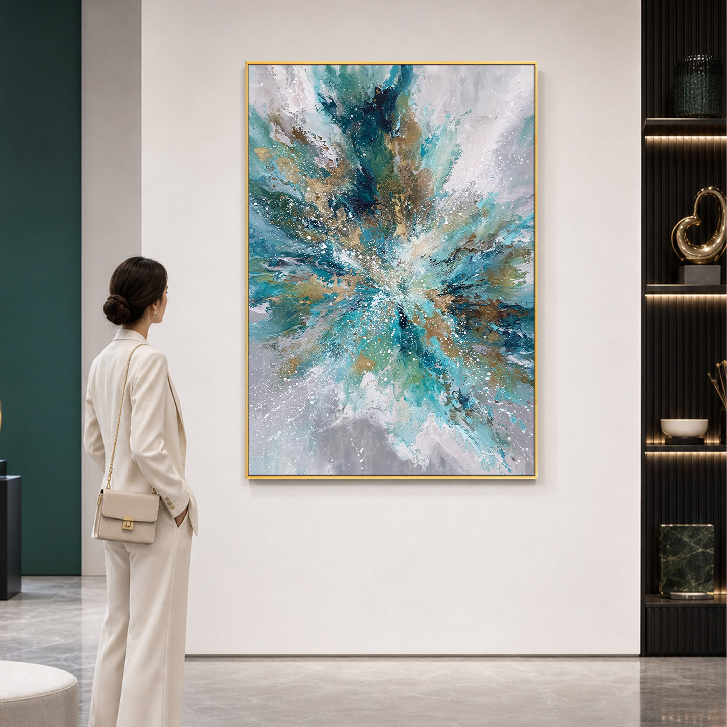 大芬村手绘蓝绿金箔抽象花卉油画