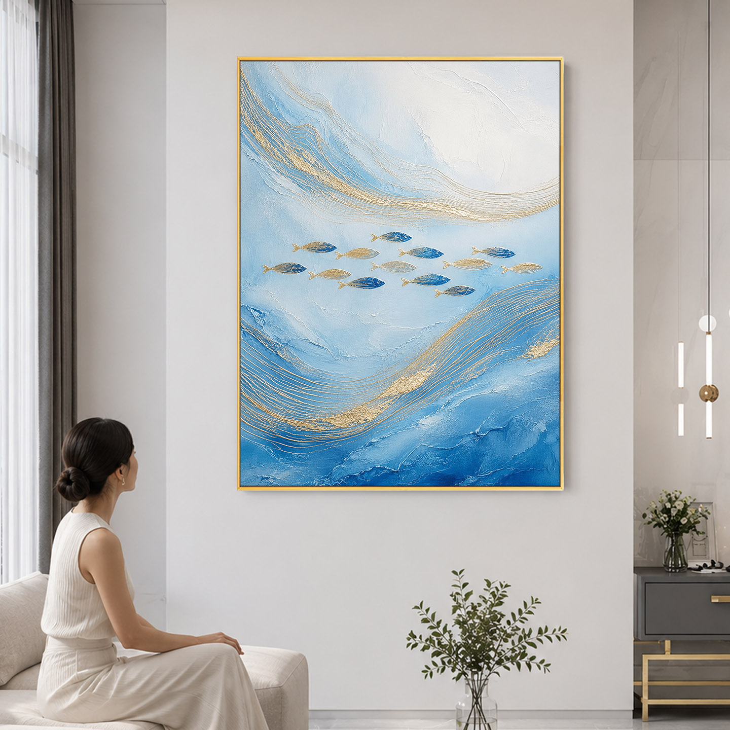 大芬村手绘鎏金海浪游鱼油画