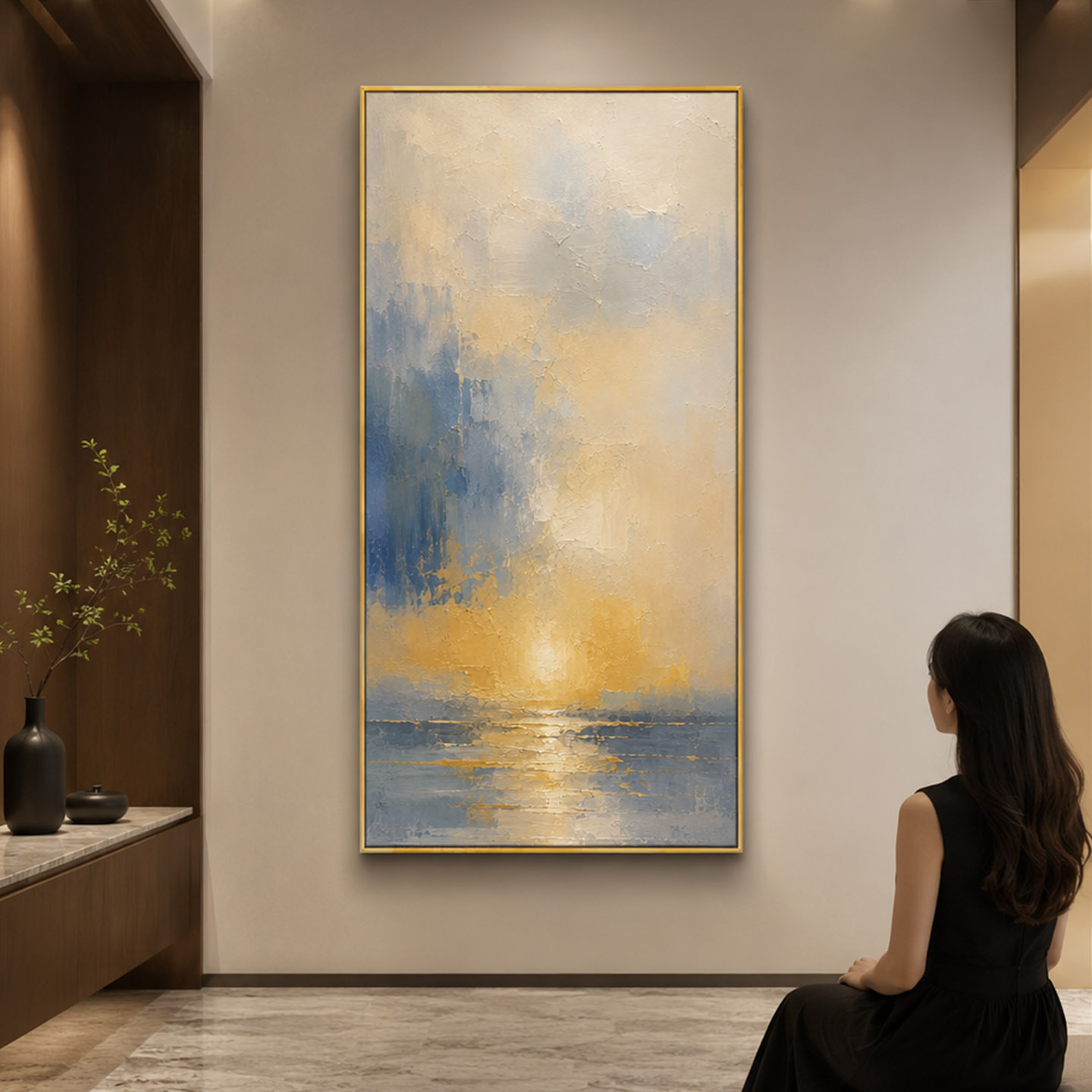 大芬村手绘蓝橙鎏金海景油画