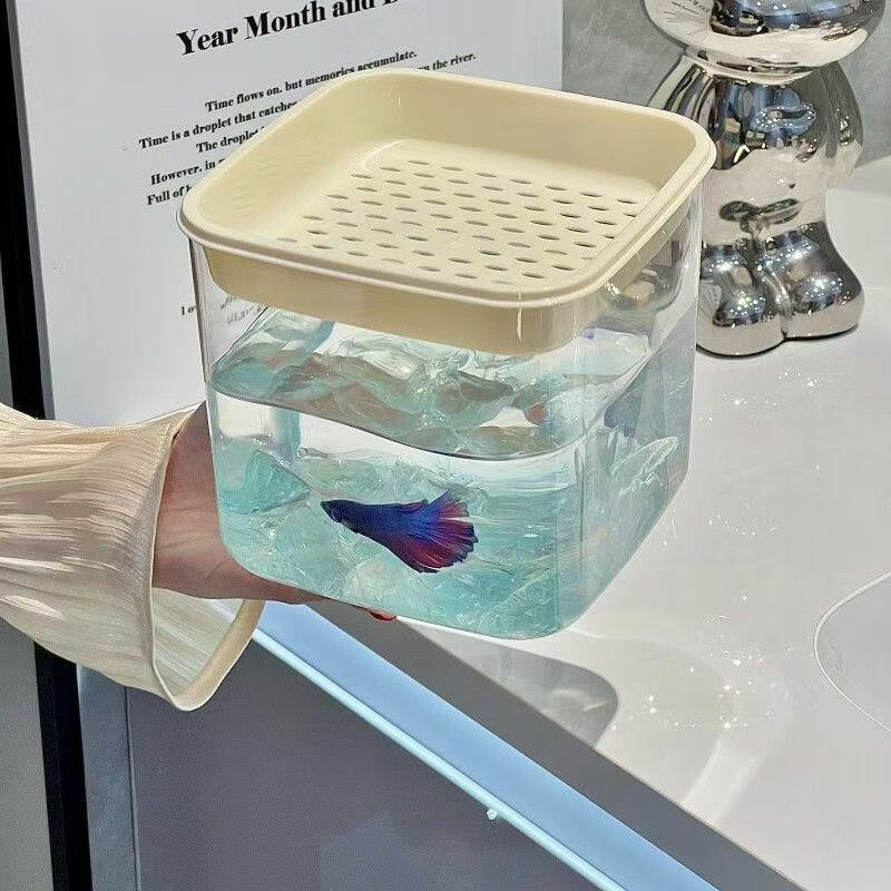 生态小鱼缸加厚泰国斗鱼盒式带漏盖桌面透明鱼缸水族创意造景箱