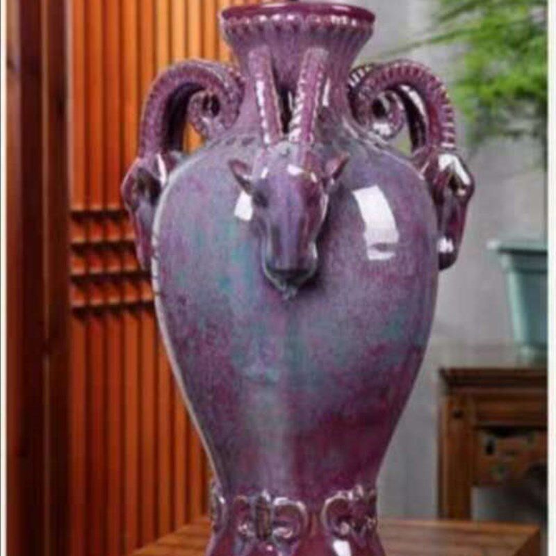 热销亚龙三绝花瓶钧瓷窑变创意博古架彩釉开片三羊开泰尊摆件客厅