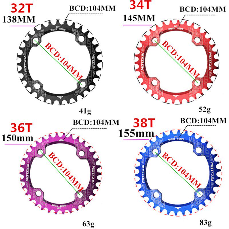 热销正负齿铝合金盘片牙盘山地车单盘104BCD圆盘椭圆32T/34T/38齿