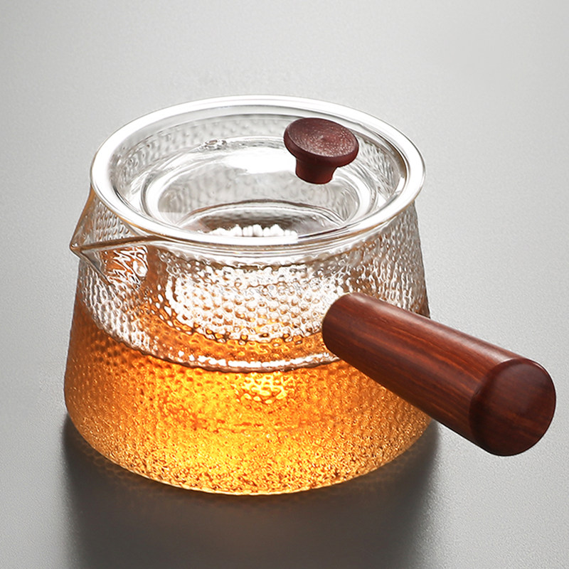 1F3锤纹玻璃泡茶n壶侧木把花茶壶普洱过滤煮茶烧水壶中式耐高温单