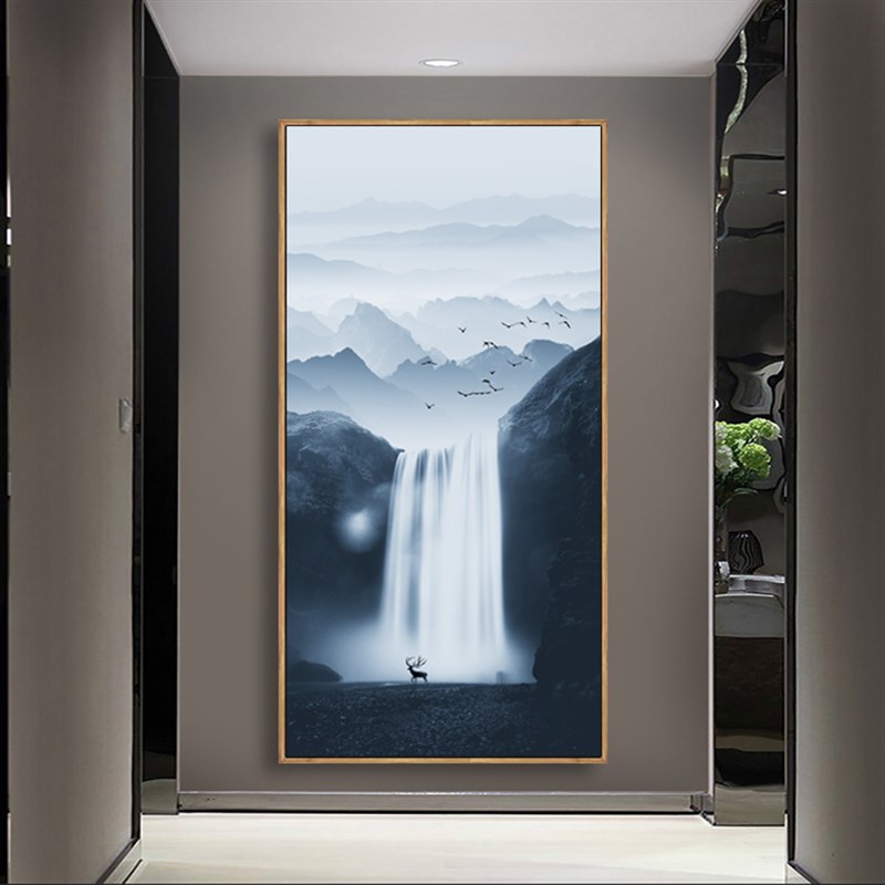 北欧现代麋鹿瀑布山水招财风景壁D画走廊过道玄关装饰画客厅挂画图片