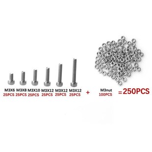 250pcs Stainless Sterel M3*6/8/10/12/16/20 Cap Head Screws S