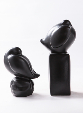 新中式黑色白色金色陶瓷小鸟动物摆件G样板间书房博古架装饰品摆