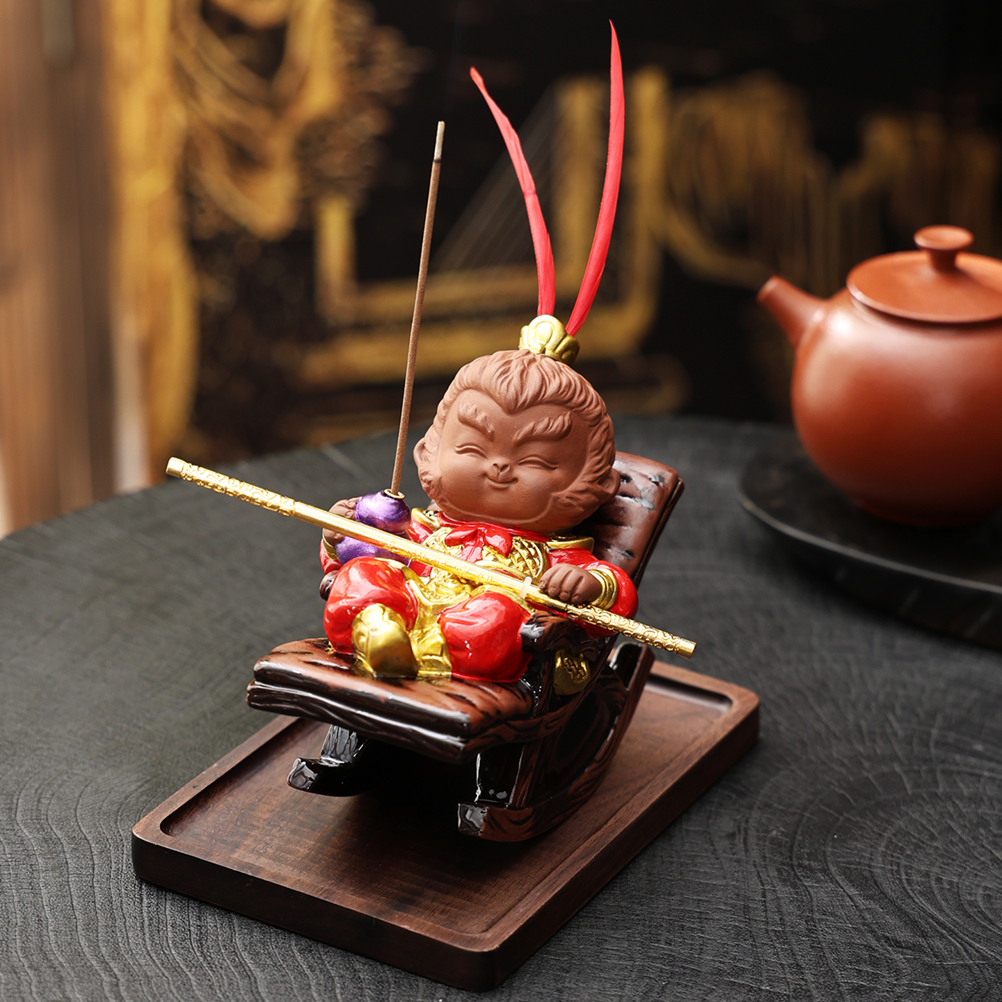 国潮斗战胜佛陶瓷茶宠香炉摆件禅意茶桌装饰品工艺品摇摇椅悟空