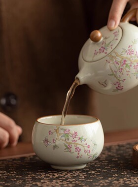 汝窑紫藤花开片可养茶杯陶瓷功夫茶具主人杯个人专用大容量罗汉杯