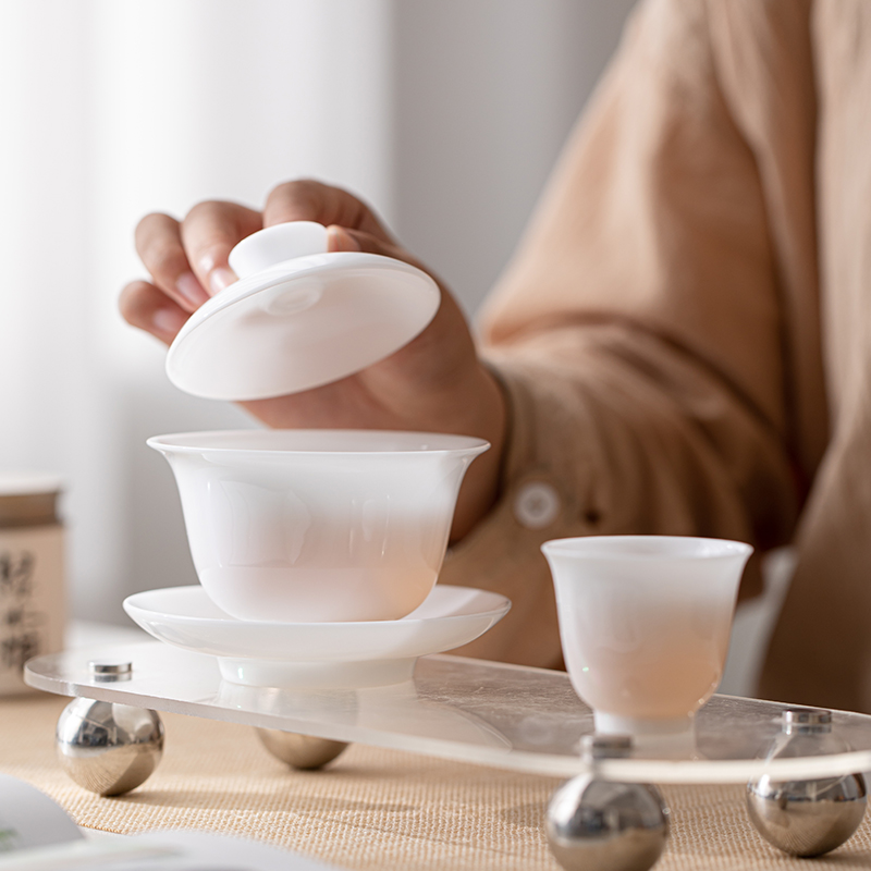 冰种可悬停高档骨瓷盖碗茶杯单个茶具陶瓷家用功夫三才超薄胎白瓷