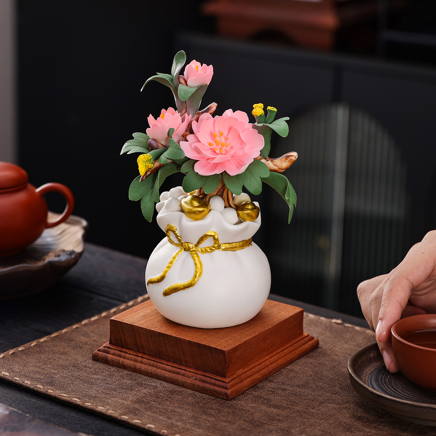 桌面摆件手工陶瓷牡丹花摆件粉色花朵桌面装饰品中式风格工艺品