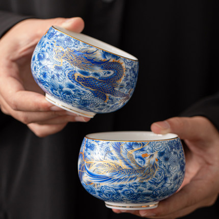 青花龙凤茶杯陶瓷主人杯个人专用喝茶单杯品茗杯高档茶杯礼盒送礼