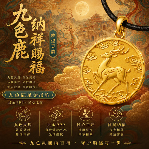 999足金敦煌九色鹿圆牌吊坠