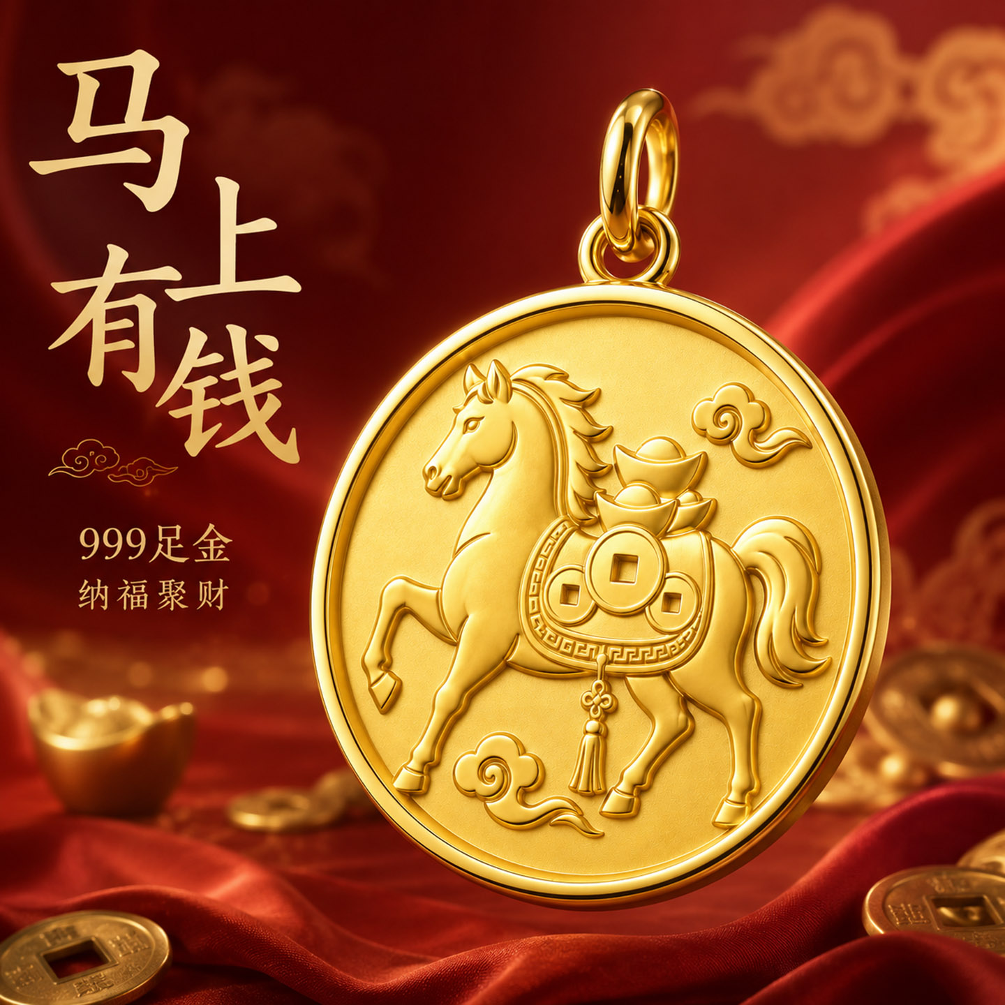 思达意马上有钱999足金黄金马吊坠男女款元宝圆牌项链本命年礼物