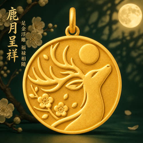 福禄梅花鹿999足金圆牌吊坠