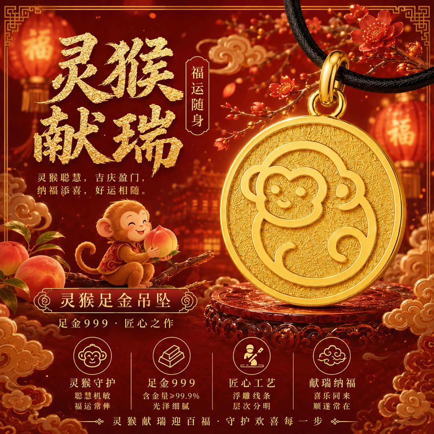 黄金可爱小猴项链999足金生肖猴圆牌吊坠男女宝宝本命年生日礼物