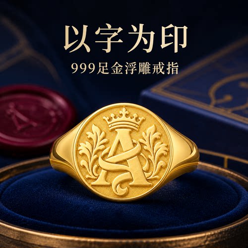专属印记字母首章足金浮雕戒指