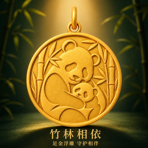 治愈大熊猫纯足金浮雕圆牌吊坠