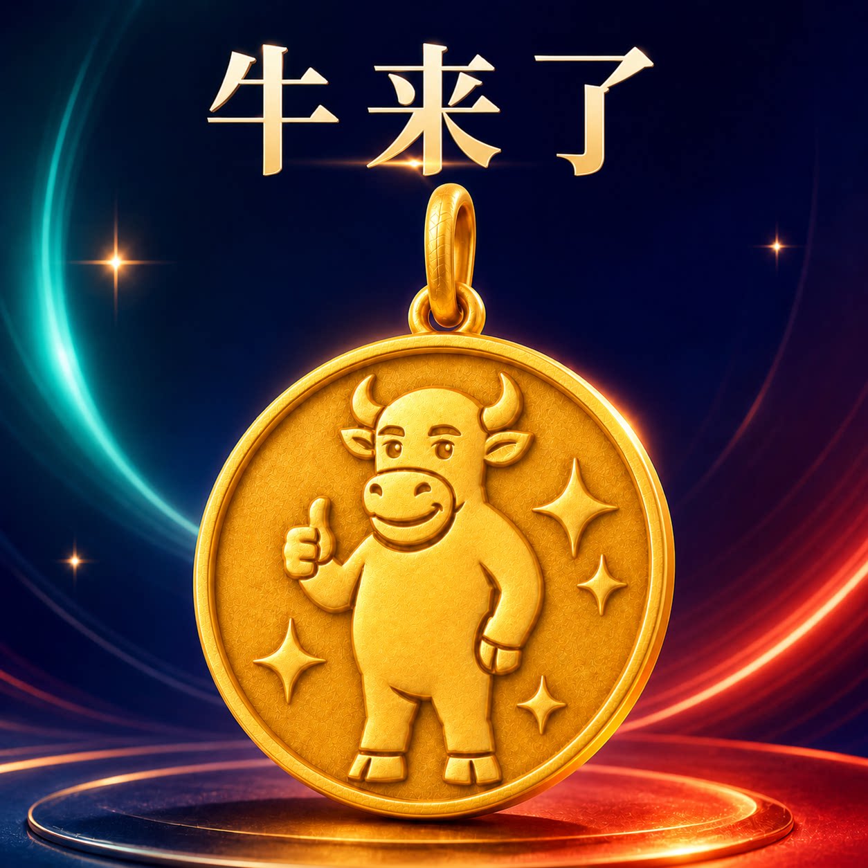 牛来了999足金生肖牛圆牌吊坠男女宝宝款卡通点赞黄金项链挂坠