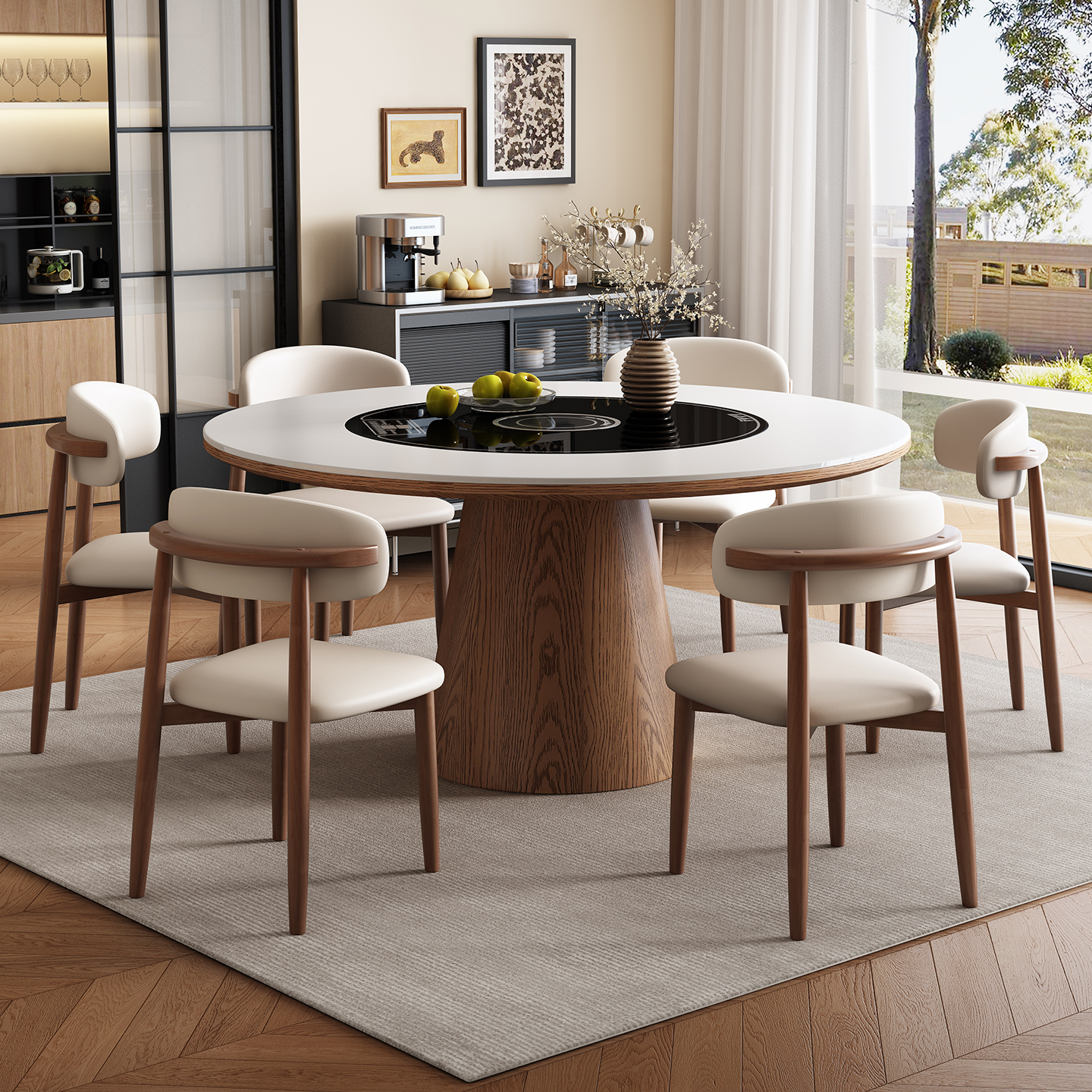 实木餐桌椅家用小户型圆桌2025新款带电磁炉暖菜一体旋转吃饭桌子