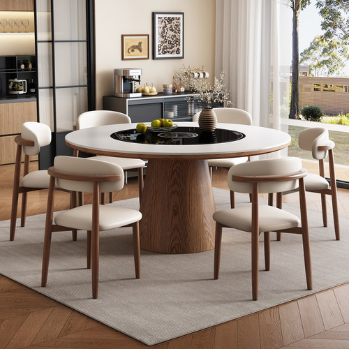 实木餐桌椅家用小户型圆桌2025新款带电磁炉暖菜一体旋转吃饭桌子