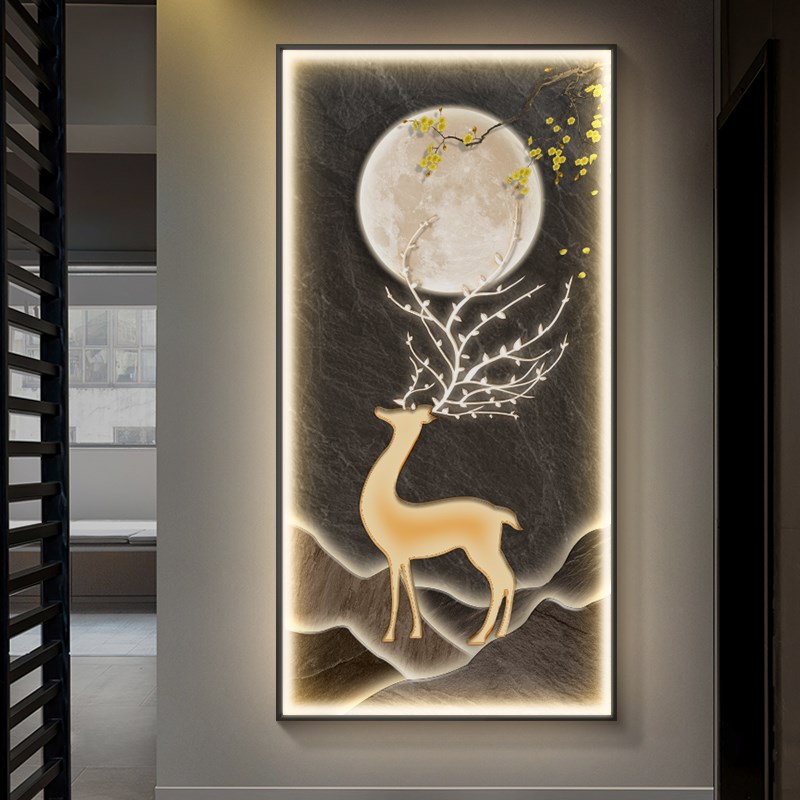 新中式玄关e装饰画入户正对墙面麋鹿挂画竖版走廊过道带LED灯壁画图片
