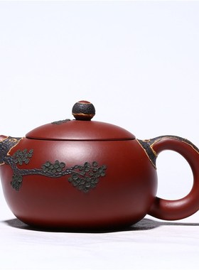 260CC纯手工彩绘圆松叶西y施壶原矿朱泥大红袍功夫茶具家用泡茶壶