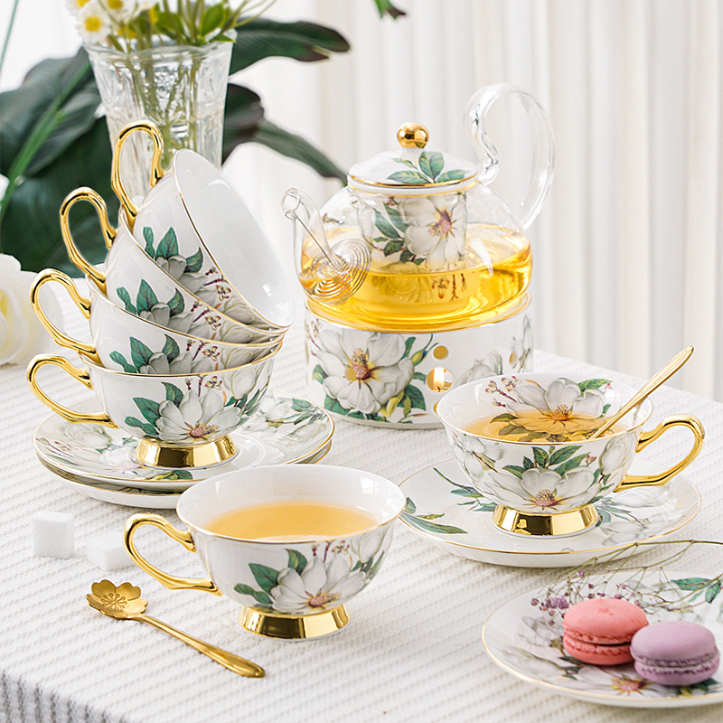 英式下午茶陶瓷玻璃花茶t杯子套装家用轻奢水果茶V壶带过滤蜡烛加